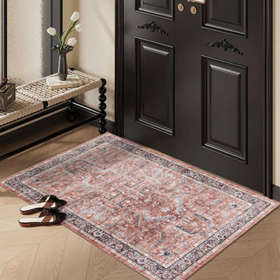 GLN Rugs Traditional Collection - Machine Washable Area Rug, Traditional Washable Rug, Non Slip Washable Rug, Low Pile Chenille Living Room Rug, Bedroom Rug, Kitchen Rug (Terra Cotta Rug)