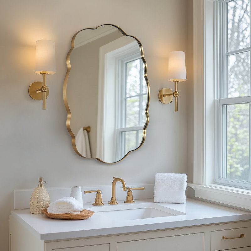 Contemporary Wavy Oval Scalloped Bathroom Vanity Mirror | Stainless Steel Frame, Brushed Gold, 30" x 22"