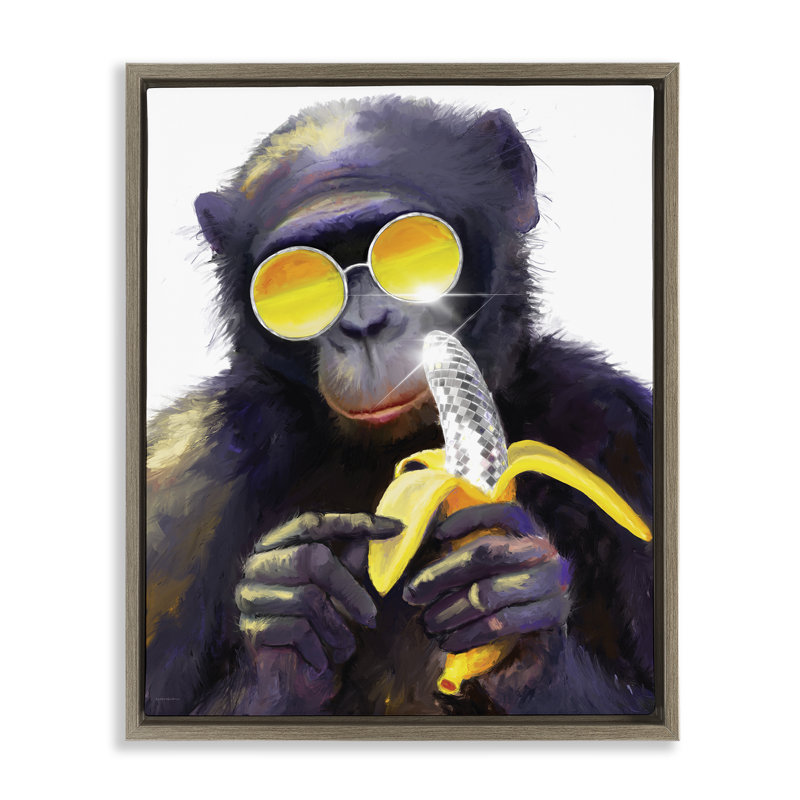 «Cool Monkey with Disco Banana», art mural par Kamdon Kreations, H 21 po x l 17 po, Cadre flottant orme Montalcino