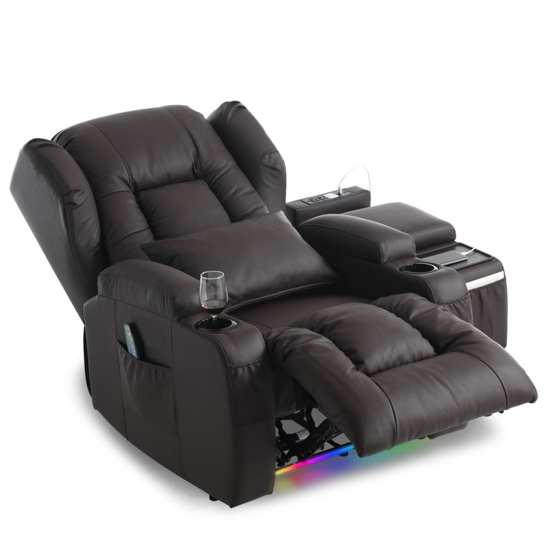 Aguilera Power Recliner Chair with Multi-Functional Console Set, LED Light, Cup Holders, Free Pillows, Brown Faux Leather