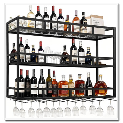 59" Large 3-Tier Metal Wall Mounted Wine Rack - With Bottle/Glass Holder & LED Light, Liquor Display (Home/Bar/Restaurant)