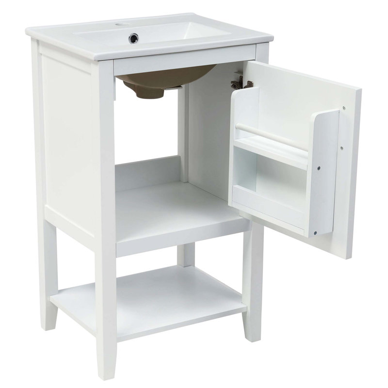 Meuble-lavabo de salle de bain équipé d'une porte à fermeture douce, d'un support de rangement et d'une tablette ouverte