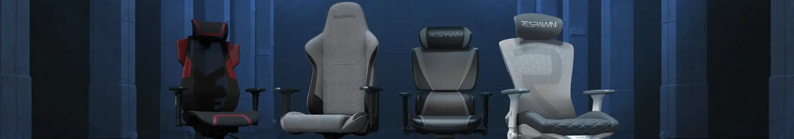 Four stylish gaming chairs displayed in a modern, illuminated setting.