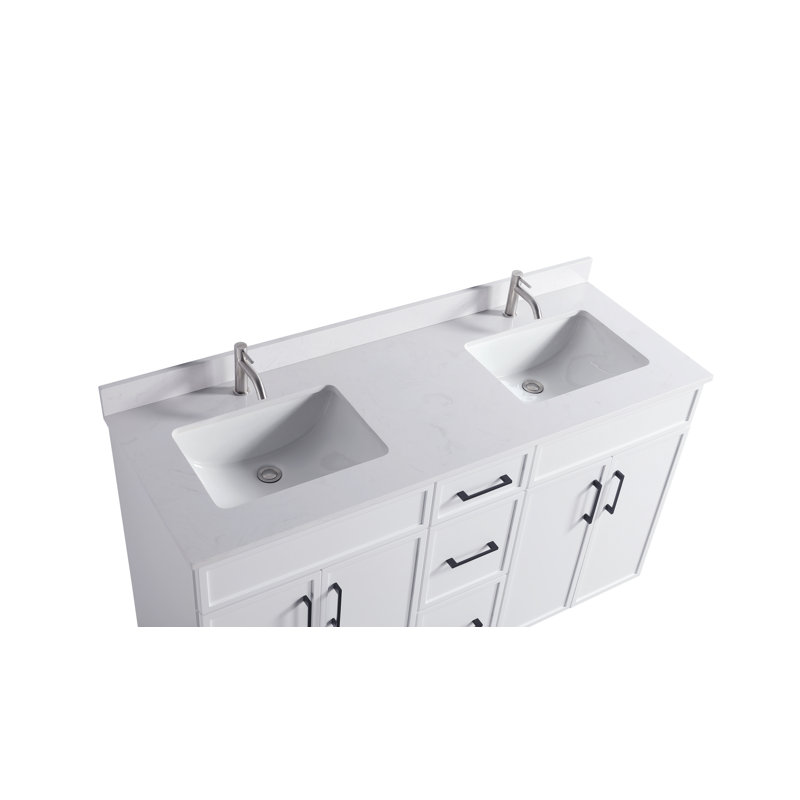 60" White Double Sink Freestanding Bathroom Vanity with Cultured Marble Top