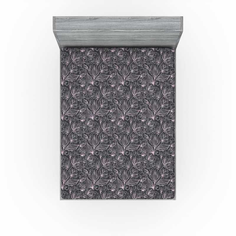 Ambesonne Nature Fitted Sheet Leaves Botanical Style Art, Lilac/Charcoal Gray Floral, Queen Fitted Sheet