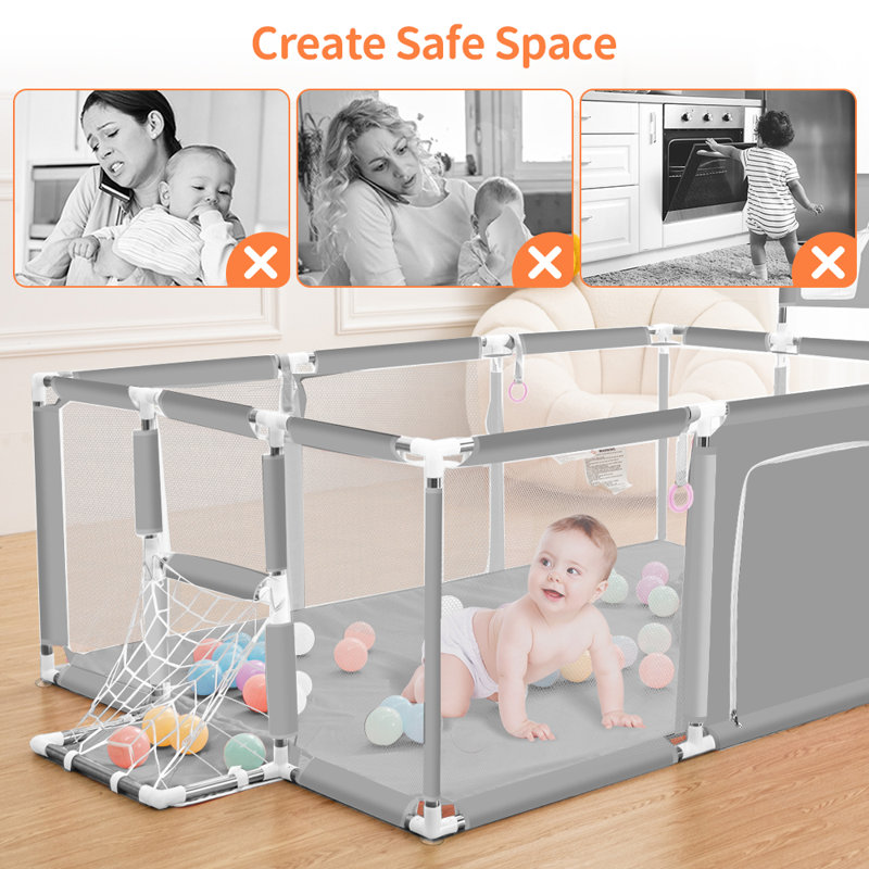 71"x48" Baby Playpen Sturdy Safety Play Yard Activity Center with Basketball Hoop and Football Net, Light Gray