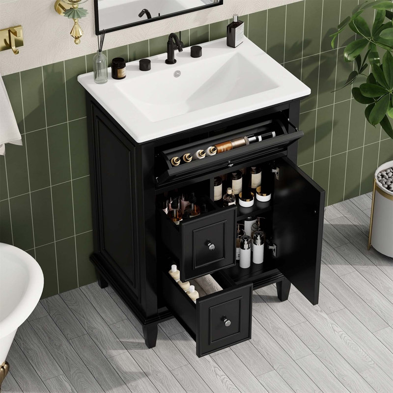 Meuble-lavabo moderne avec lavabo, tablette réglable, tiroir rabattable et deux tiroirs pour un rangement efficace et une conception élégante