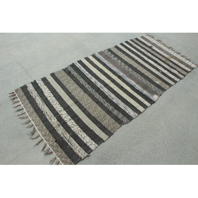 Vintage Striped Anatolian Kilim Rug in Gray For Kitchen and Hallway Accent Imported From Turkey