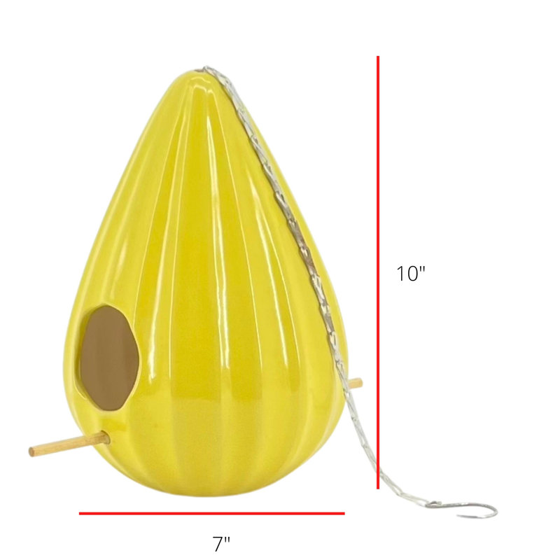Yellow Ceramic Teardrop Ruffled Hanging Birdhouse