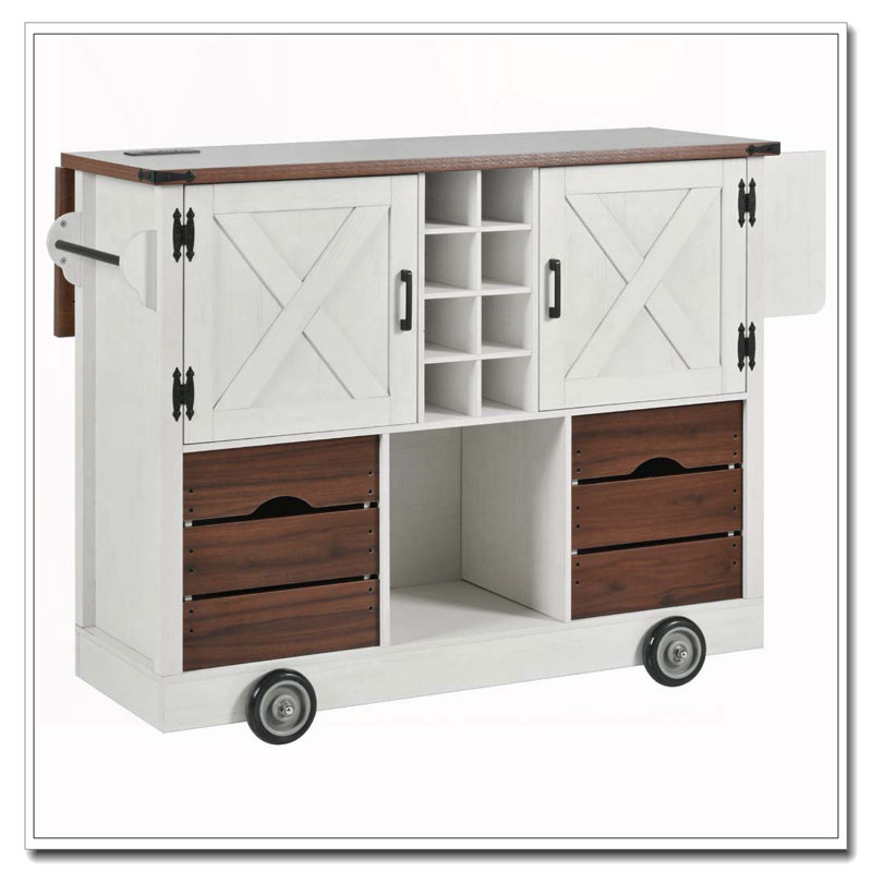 54" Farmhouse Kitchen Island With Drop Leaf, Power Outlet, Kitchen Storage Cart With 2 Doors, 2 Drawers, Rolling Kitchen Island On 4 Large Wheels With Spice Rack For Kitchen, Dining Room