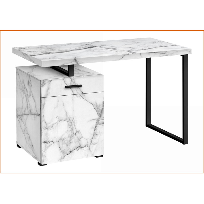 Bureaux pour bureau à domicile, bureau d'ordinateur moderne en marbre blanc avec rangement de 48 po | Configuration gauche / droite | Métal noir | Blanc | Panneau de particules