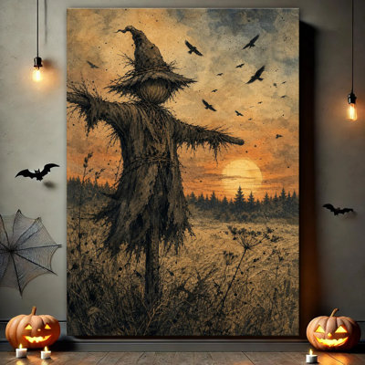 Rustic Scarecrow In Autumn Wheat Field With Flying Crows And Sunset Sky Canvas Wall Art, Halloween Decor