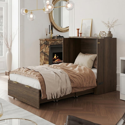 Twin Murphy Bed,Fluted Wood Murphy Cabinet with Large Storage Drawer,Charging Station & Hidden Compartment for Bedroom,Guest Room,or Home Office