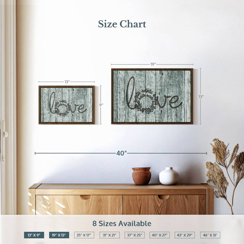Amour en bois, typographie, 13 po x 9 po, Cadre flottant noyer