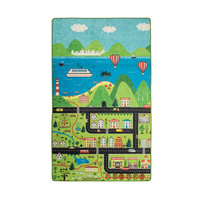 Tapis rectangulaire vert / bleu en velours tissé à la machine Walkersville