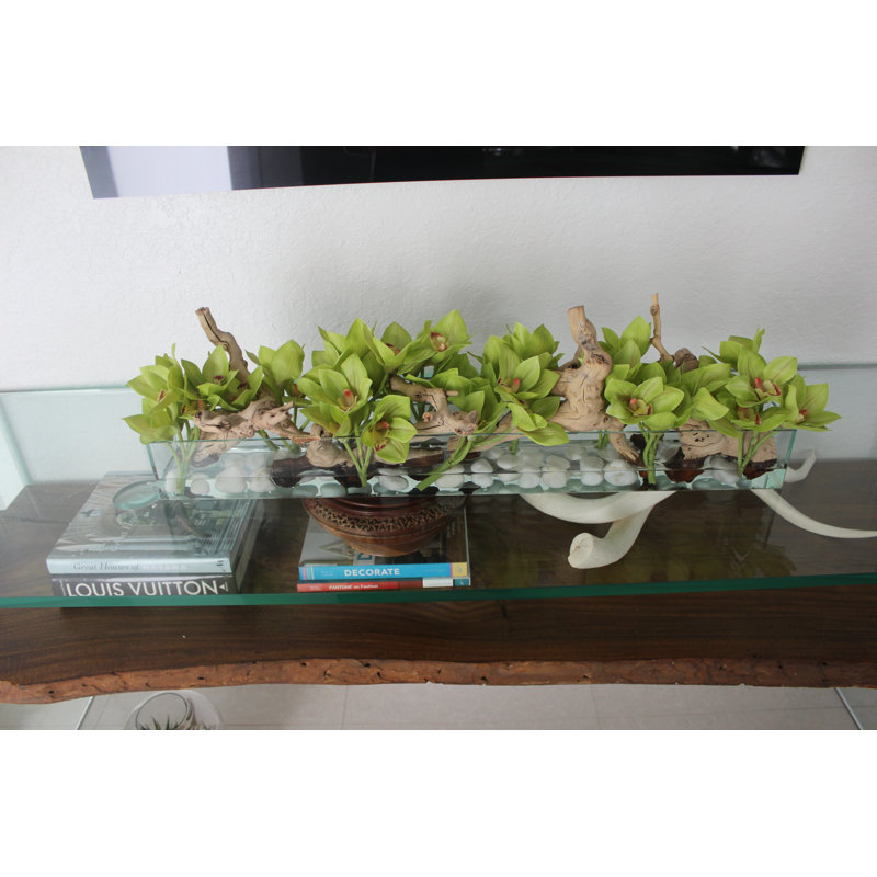 Driftwood Cymbidium Orchids Centerpiece in Glass Planter, 8" H x 48" W x 6" D, Green