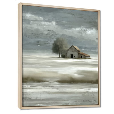 «White Grey Farmhouse In Winter Countryside Landscape - Barn Farm Ranch Wall Art Decor, White Farmhouse, reproduction sur toile