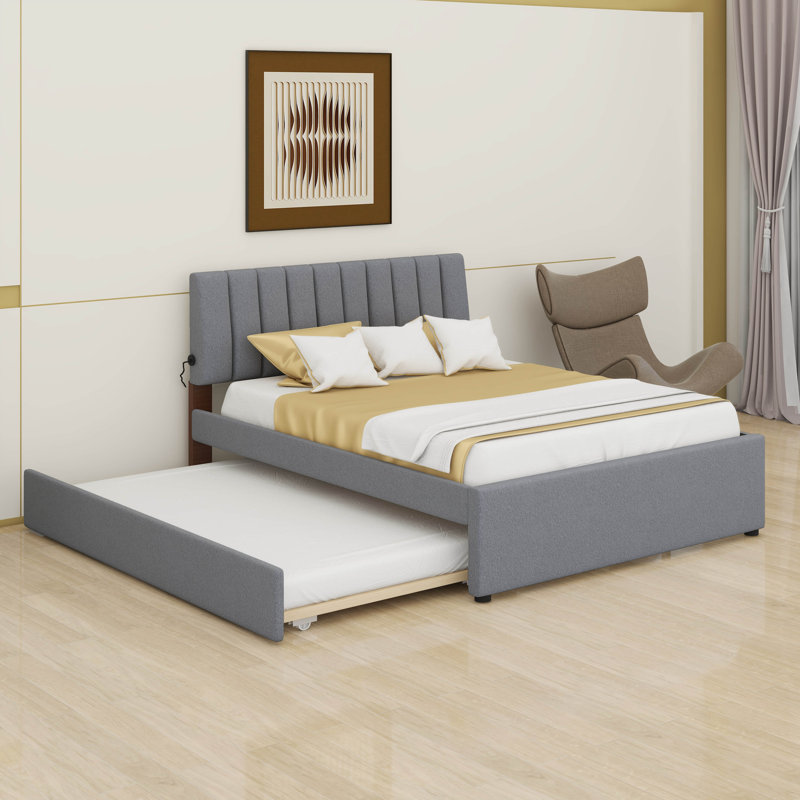 Lit plateforme tapissier avec lit gigogne simple, lit plateforme en molleton Teddy, Lit double, Gris