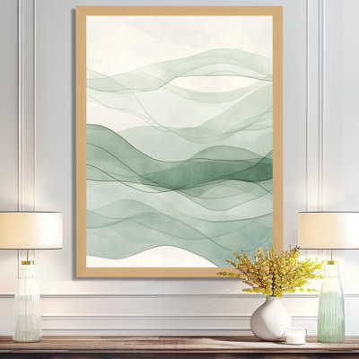 Lignes beige, vert et sauge I - Tableau abstrait moderne de transition encadré