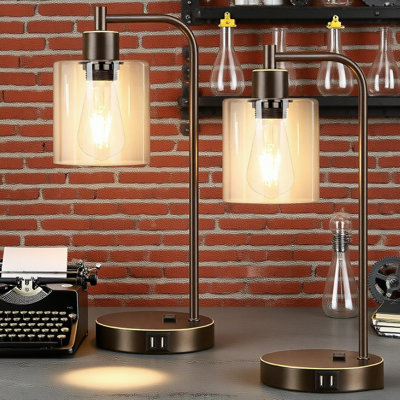 Ensemble de 2 lampes de table Industrial Touch avec ports USB et prise de courant, lampe de chevet à intensité variable à 3 voies pour le salon de la chambre à coucher, abat-jour en verre et ampoules DEL incluses