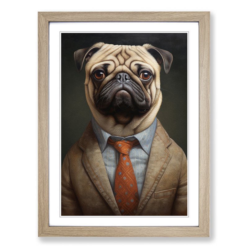 Pug in a Suit Painting - Framed Print, Oak Framed, 46cm H x 34cm W x 2cm D