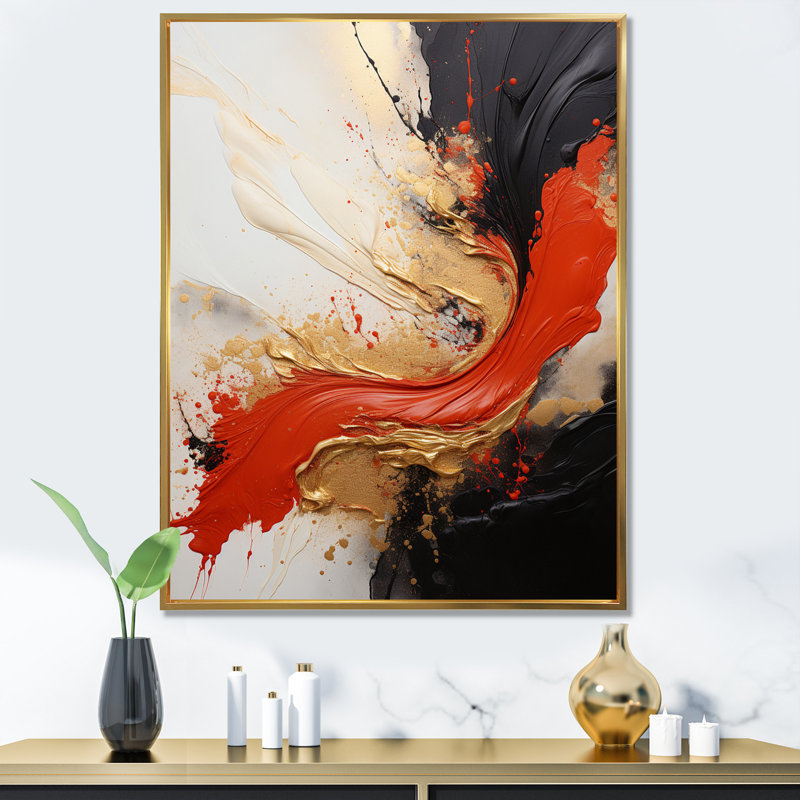 «Midnight Passion», vague abstraite, écarlate et or I - peinture abstraite, art mural, salon, H 20 po x l 12 po x P 1 po