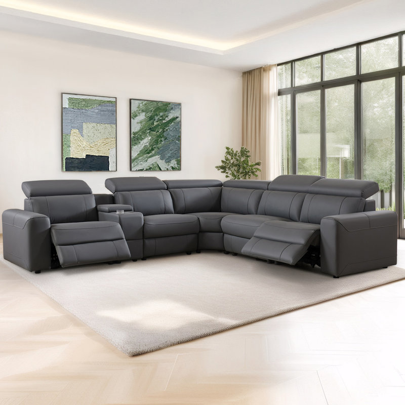 Oversized Power Recliner Sofa with Console & Dual Recliners, Leather Sectional Couch for Living Room, Gray Faux Leather