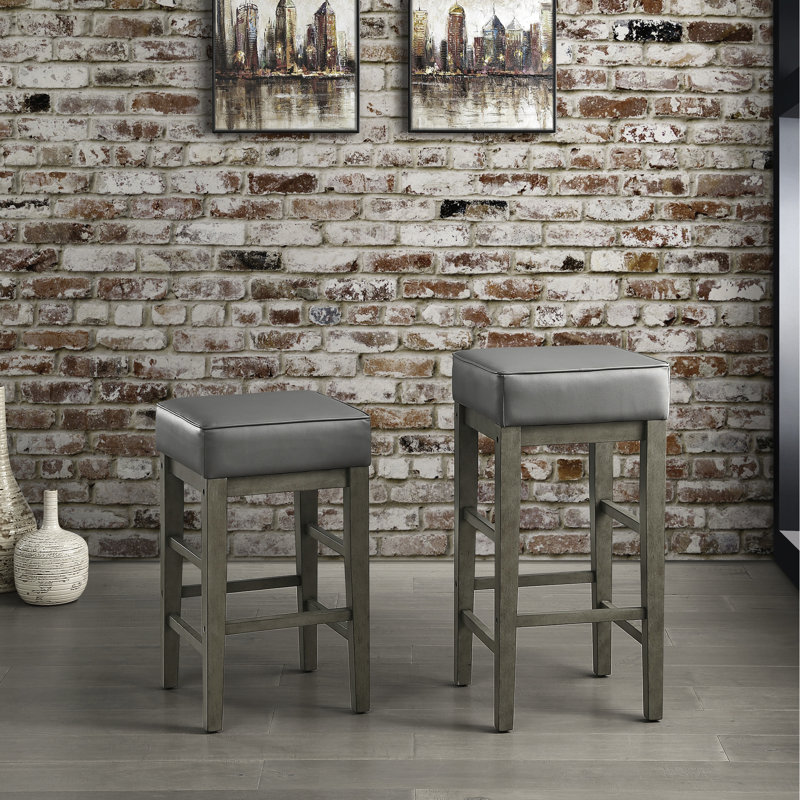 De 2 tabourets de 29 po, siège en similicuir gris, structure en bois massif antique, 2 tabourets haut de gamme exquis, base, décontracté
