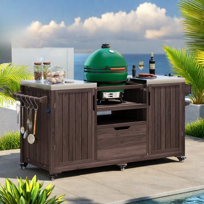 Outdoor Kitchen Island With Stainless Steel Top, 1 Drawer, Storage Shelves, Sturdy Spice Rack, Paper Towel Rack, 5 S-hook Hangers, And A Bottle Opener