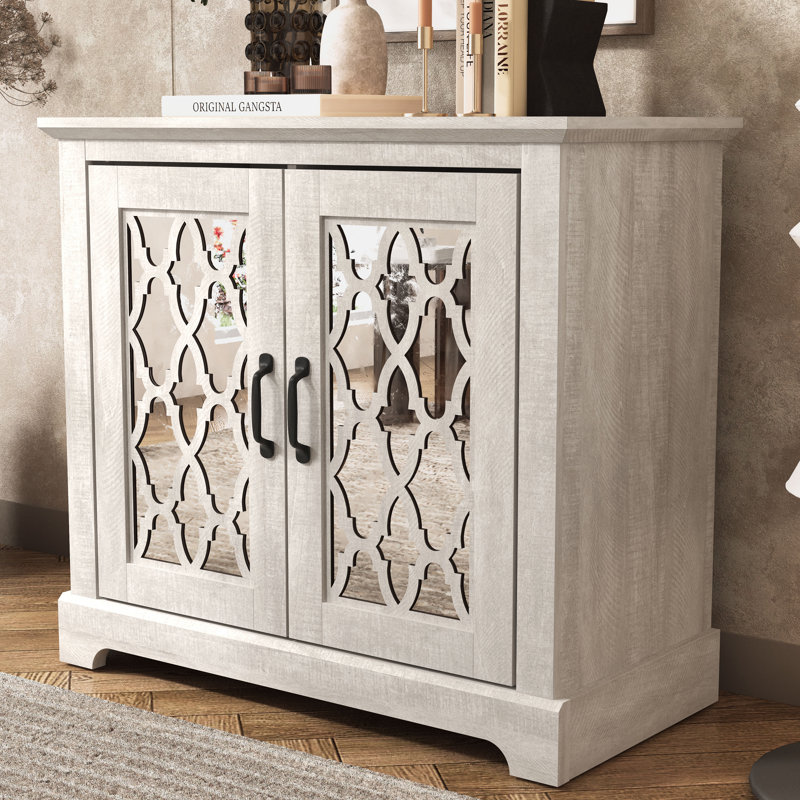 Blaire 29.3" H 2-Door Mirrored Wood Accent Cabinet, Dusty Gray Oak
