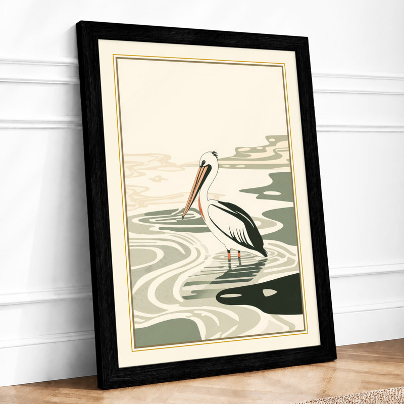 Pelican in Still Water Japandi - Framed Print, A2 - 59.4 x 42.0 cm, Black