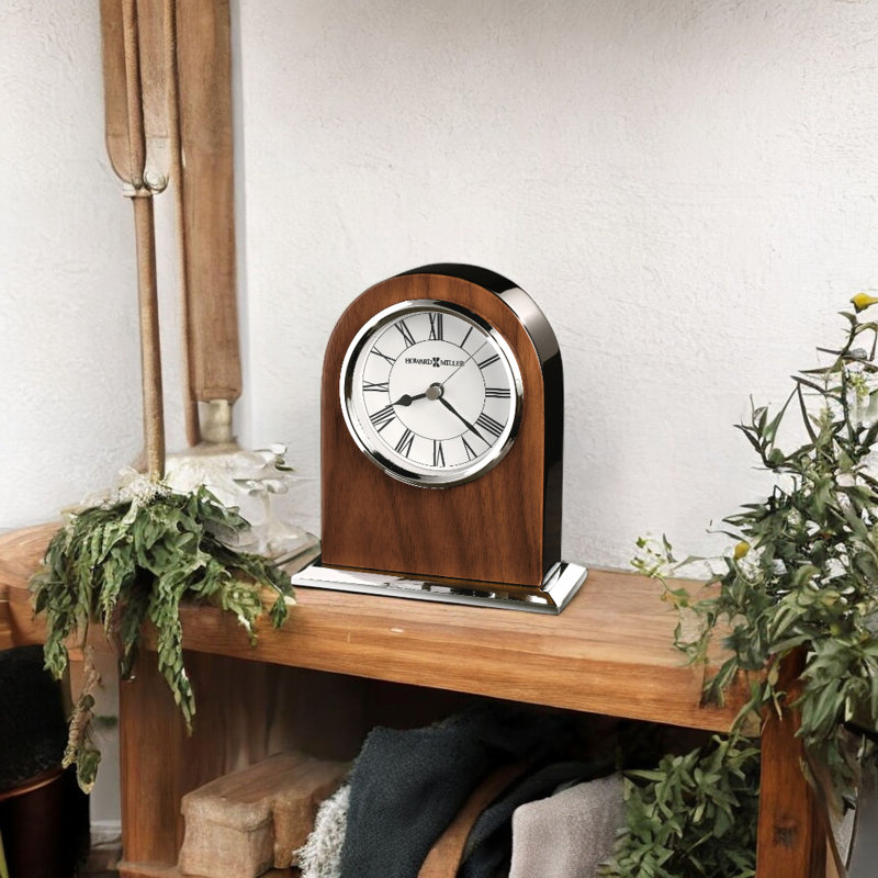 Palermo Modern & Contemporary Roman Numeral Walnut Quartz Movement / Crystal Tabletop Clock in Polished Silver/Walnut/Black Piano