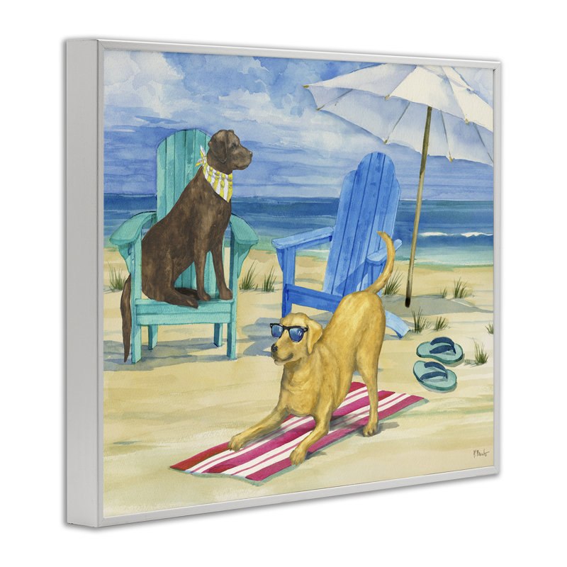 Chiens sur une serviette de plage, estampe numérique encadrée par Paul Brent, Giclée encadrée blanc bord de mer