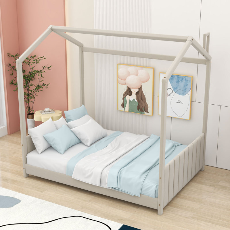 Lit de maison rembourré avec toit, Beige, Double