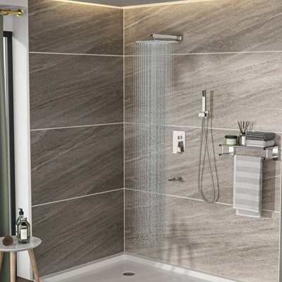 Système de douche avec bec de baignoire en cascade en nickel brossé - Fixation murale 10 po, carrée, 3 fonctions, douche à effet pluie, à main, ensemble de fonctions en nickel carré, outil supérieur