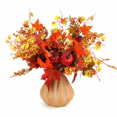 5 PCS Fall Flowers Artificial for Decoration Silk Flowers Bouquet with Pumpkin Pine Cones Autumn Faux Fall Floral Arrangements for Indoor Home Table Centerpieces Vase Decor