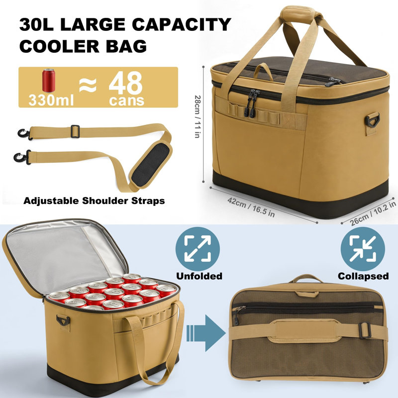 30L Large Collapsible Insulated Cool Bag, Holds 48 Cans, Leakproof Portable Soft Cool Box for Beach, Camping, Picnics & Road Trips