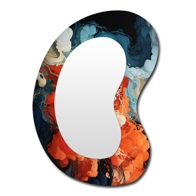 Gencho Blue and orange liquid ink waves IV - Abstract Painting Asymmetrical Wall Mirror, Modern Irregular Shape Decorative Mirror, Printed Metal Art