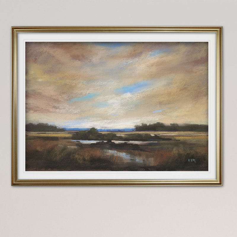 « pré coucher de soleil », reproduction de peinture à l’acrylique encadrée, H 30 po x l 40 po x P 1,5 po, Or