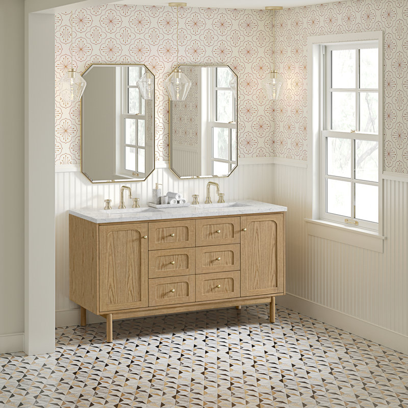 Laurent 60" Double Vanity, Light Natural Oak W/FreePower Wireless Charger, Eternal Jasmine Pearl, Light Natural Oak