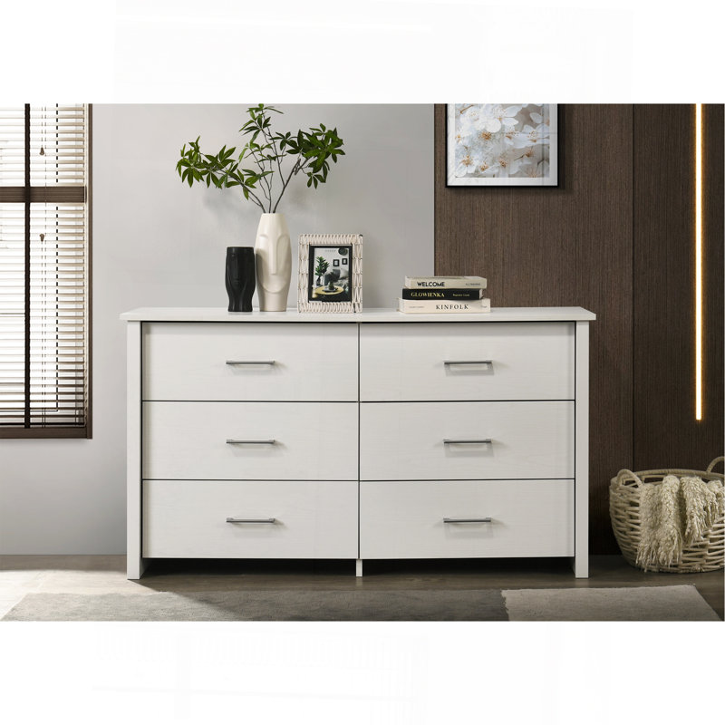 Commode blanche à 6 tiroirs avec poignées argentées Celeste, Blanc / argenté