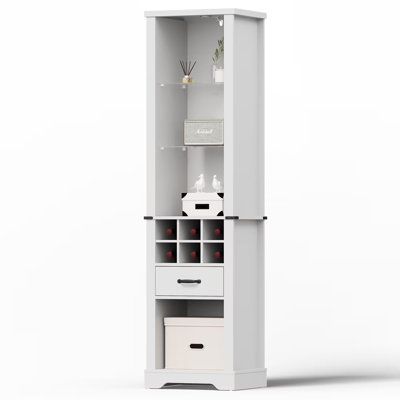 75'' Tall Storage Cabinet with LED Light,Pantry Wine Storage Rack, Farmhouse Pantry Cabinet with Tempered Glass Adjustable Shelves & Wine Storage Rack, Freestanding Linen Tower,White
