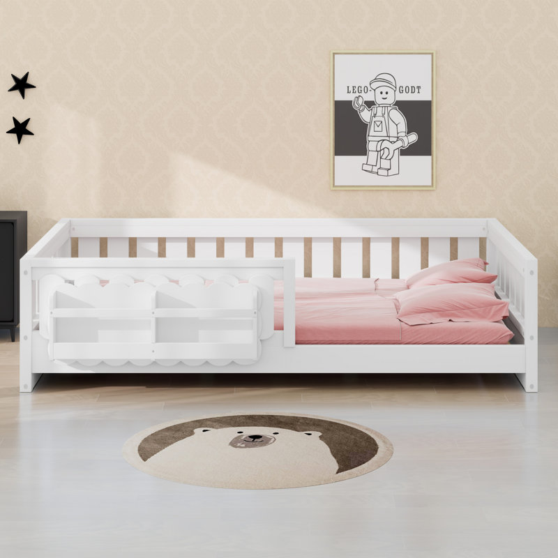 Lit plateforme avec barrière de sécurité et tablettes de rangement, Lit simple, Blanc