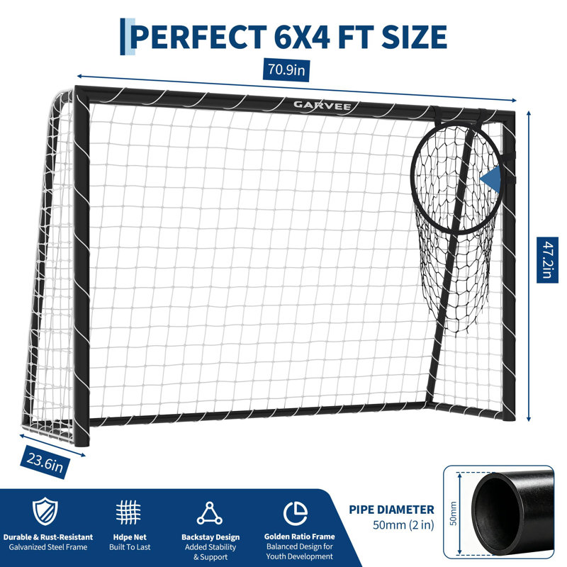 Barre de soutien arrière de soccer robuste 6 pi x 4 pi, structure en acier et filet en PEHD