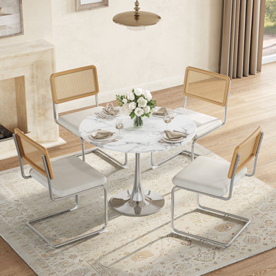 5-Piece Modern Round Dining Table Set, 31.5" Faux Marble Glass Top Pedestal Table with 4 Rattan Back Chairs