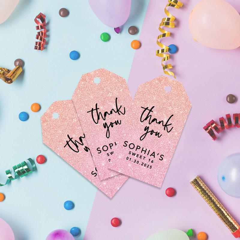 Étiquettes de cadeau personnalisables personnalisables Sweet 16 avec ficelle, fard à joues rose pailleté classique pour filles, paquet de 60