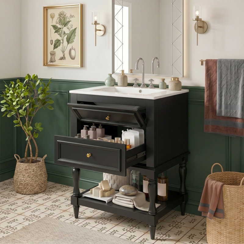 Meuble-lavabo de 24 po au design rétro avec lavabo en céramique standard, noir, 2 tiroirs et tablette ouverte, disposition de plomberie personnalisée, facile à nettoyer