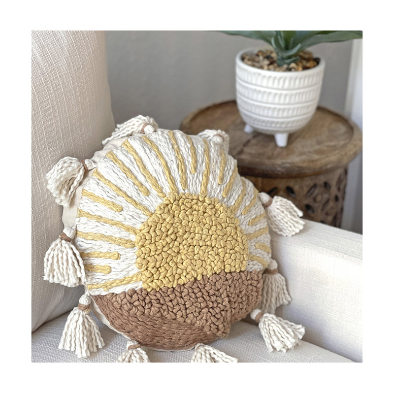 Round Embroidered Sunshine Kids Pillow with Tassels