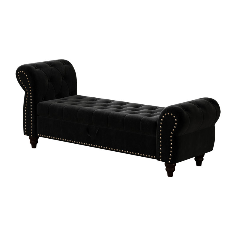 Banc de chambre à coucher moderne en velours avec rangement intégré - 64,5 po d'espace supplémentaire noir pour la chaise