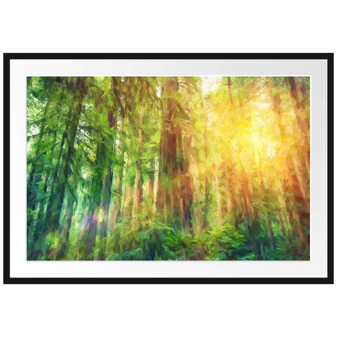 Gerahmtes Papierbild Wald bei Sonnenlicht